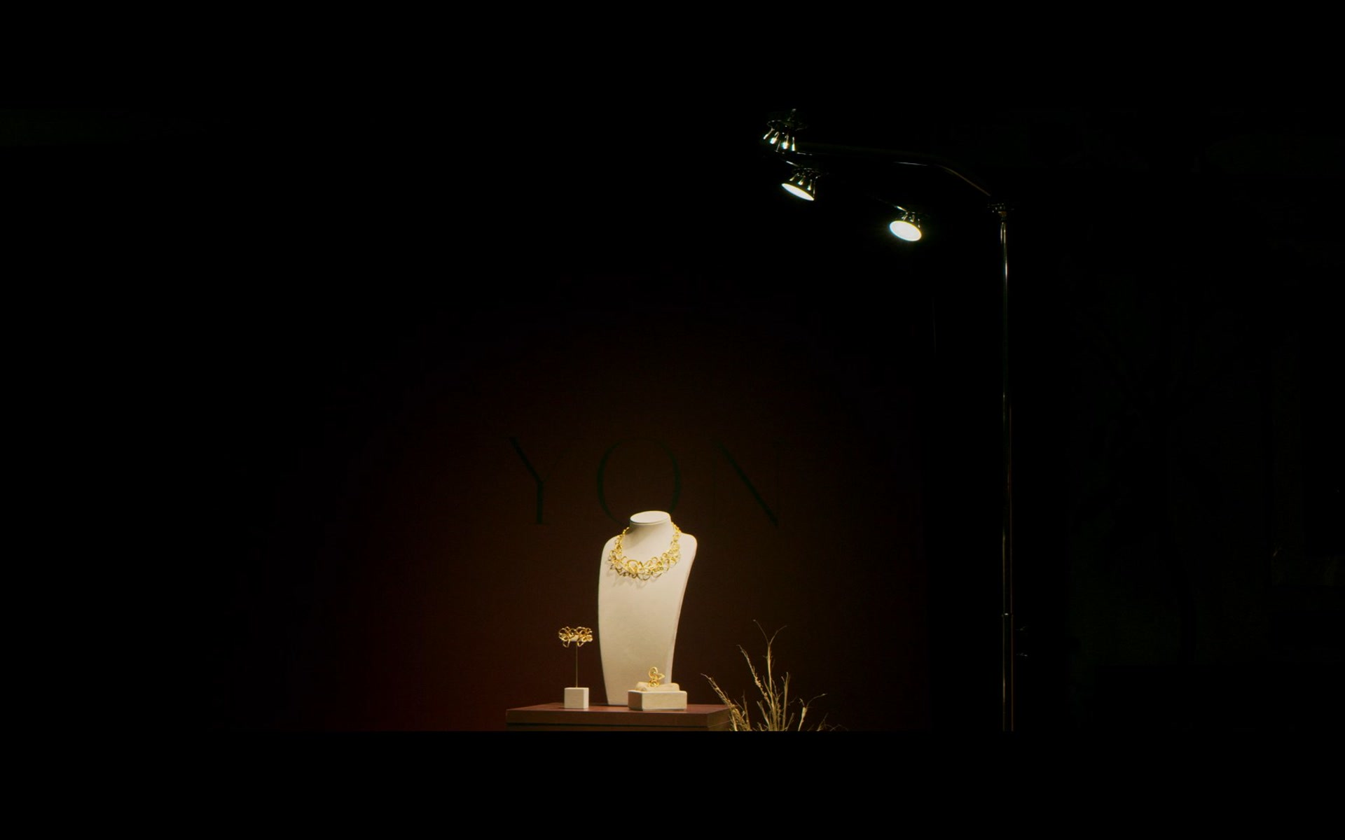 Jewellery on a bust in dark studio light